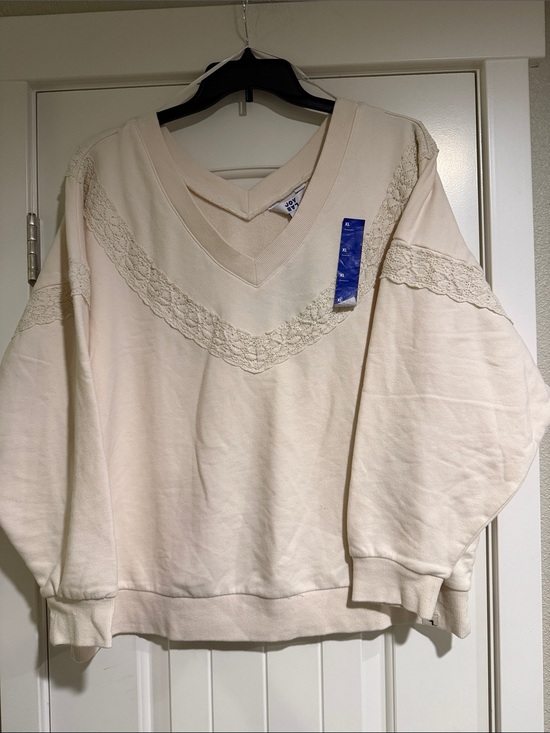 JoyLab Tops - JoyLab Cream Lace-Trim V-Neck Sweatshirt